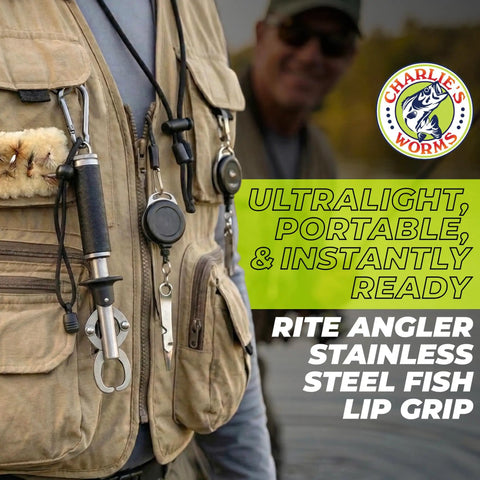 Fisherman's vest with Stainless Steel Fish Lip Grip with Ergonomic Handle and Spring Loaded Mechanism attached.