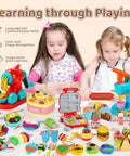Two children playing with 70 Piece Kids Dough Set 4 In 1 With Ice Cream Maker Noodle Maker Hamburger And Cake Mold Tools Creative Play Food Kit For Toddlers And Kids Ages 3 To 8.