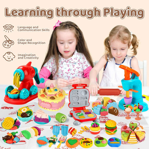Two children playing with 70 Piece Kids Dough Set 4 In 1 With Ice Cream Maker Noodle Maker Hamburger And Cake Mold Tools Creative Play Food Kit For Toddlers And Kids Ages 3 To 8.