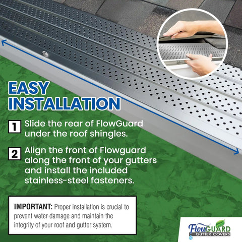 Slip Under Shingle Gutter Guard System For DIY Install Universal 5 Inch And 6 Inch Aluminum Gutter Covers 102 Feet Matte Finish Rustproof USA Made Gutter Protection With Durable Under Shingle Design, illustration showing installation steps.