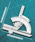 Heavy-Duty Vernier Bevel Protractor Made From Tough Carbon Steel Frame with measurement markings on a grid background.