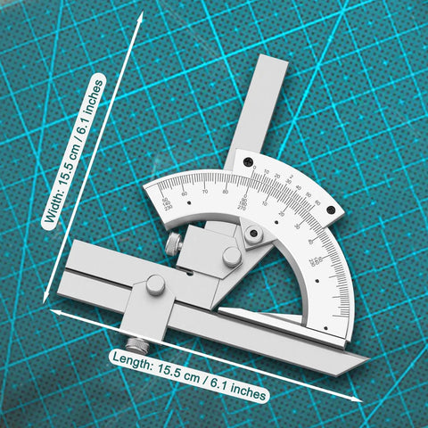 Heavy-Duty Vernier Bevel Protractor Made From Tough Carbon Steel Frame with measurement markings on a grid background.