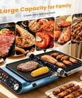 Taylor Swoden 7-In-1 Panini Press Sandwich Maker Electric Indoor Grill Waffle Iron Contact Grill Nonstick Plate with grilled meats and veggies.