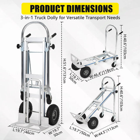 3 In 1 Aluminum Convertible Hand Truck Dolly Heavy Duty Hauler With 800 To 1000 Lb Capacity All Terrain Pneumatic Tires And Smooth Swivel Casters For Easy Load Transport dimensions