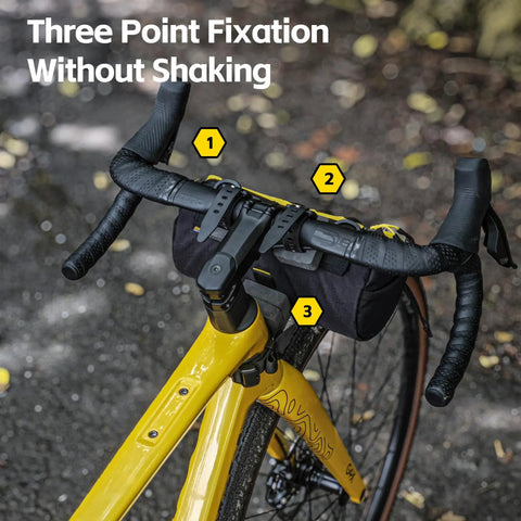 2.8L Waterproof Front Tube Bag For Road Gravel And Mountain Bikes mounted on handlebars, showing three-point fixation