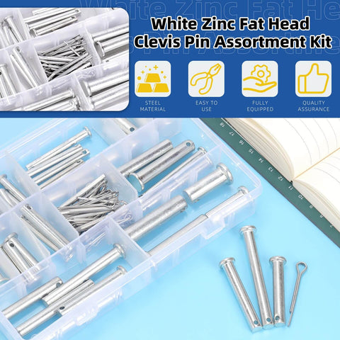 51-Piece Clevis Pins Set With 18 Sizes Flat Head Single Hole Zinc White Link Hinge Pins in divider box with ruler and pins visible