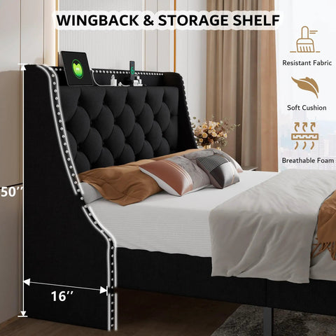 Queen Upholstered Bed Frame With 16 Inch Wingback Headboard And Built In Dual Charging Station Button Tufted Platform Base Solid Wood Slat Support No Box Spring Needed Zero Hassle Setup Black displayed with storage shelf and soft cushion.