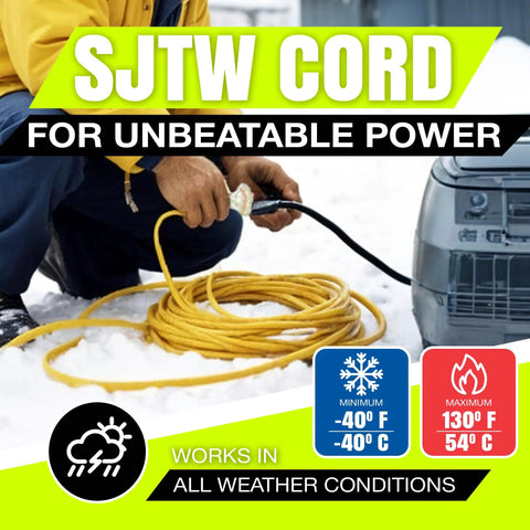 Person handling 75 Foot Indoor Outdoor Extension Cord 3 Outlet Heavy Duty 12 Gauge 3 Conductor SJTW Waterproof Power Cable