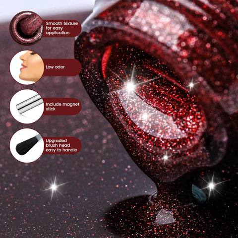 Close-up of luxurious red glitter gel from Cat Eye Gel Nail Polish Set With Magnetic 3D Glitter Effect, 8 Color UV Varnish Kit, HEMA Free.