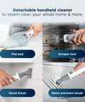 Whole Home Steam Mop With Detachable Handheld showing flat pad, scraper tool, grout brush, and nylon precision brush attachments.