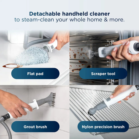Whole Home Steam Mop With Detachable Handheld showing flat pad, scraper tool, grout brush, and nylon precision brush attachments.