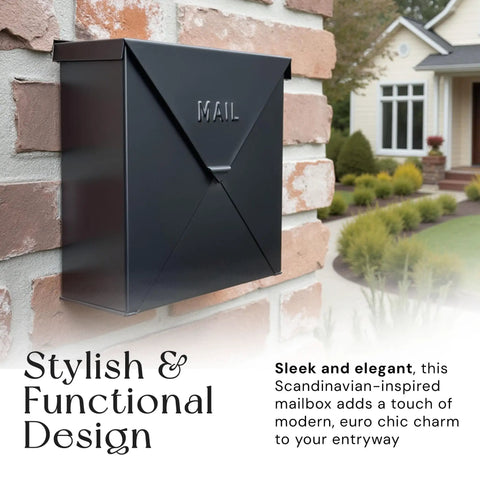 Heavy Duty Outdoor Wall Mount Mailbox 10 By 10 By 4 Inches Black Waterproof Weatherproof Metal Mailbox With Rustproof Galvanized Steel Construction Triple Leakproof Hinges And Wraparound Lid Chicago Style mounted on brick wall