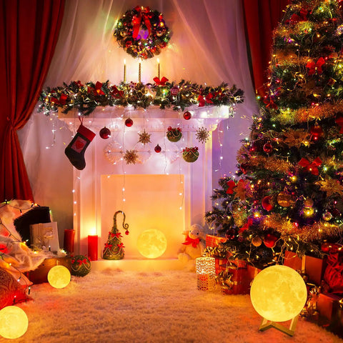 Moon Lamp For Kids And Adults With Realistic 3D Moon Surface near decorated Christmas tree and fireplace, warm yellow light