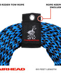 Close-up of 60 foot tow rope for 1 to 3 rider towable tubes, UV resistant and pre-stretched, with rope keeper detail.