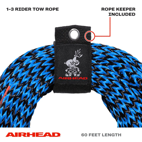 Close-up of 60 foot tow rope for 1 to 3 rider towable tubes, UV resistant and pre-stretched, with rope keeper detail.