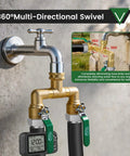 Beast Mode Heavy Duty Brass Garden Hose Splitter With 360 Degree Rotatable Joints Full Flow Large Ball Valve Long Handle Thickened Solid Brass Three Quarter Inch GHT Thread Ideal For Outdoor Faucets Lawn Irrigation And Car Wash attached to wall tap with two hose outlets