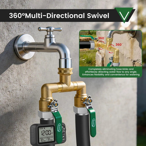 Beast Mode Heavy Duty Brass Garden Hose Splitter With 360 Degree Rotatable Joints Full Flow Large Ball Valve Long Handle Thickened Solid Brass Three Quarter Inch GHT Thread Ideal For Outdoor Faucets Lawn Irrigation And Car Wash attached to wall tap with two hose outlets