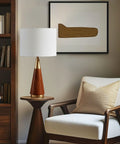 Mid Century Modern Table Lamp With Pecan Wood Base And Gold Metal Accents, White Drum Shade, 26 Inch Tall, Gold Brown Finish