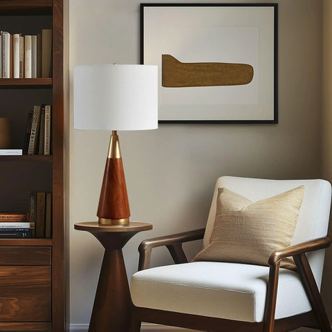 Mid Century Modern Table Lamp With Pecan Wood Base And Gold Metal Accents, White Drum Shade, 26 Inch Tall, Gold Brown Finish