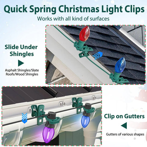 100Pcs Self Locking Heavy Duty Christmas Light Clips For C7 C9 Mini Lights Fits E12 And E17 Bases Easy Install For Gutter Shingle Metal Roof Fence Railing And Holiday Decor shown installed with lights on shingle and gutter