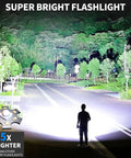 Person using Rechargeable LED Flashlights 99,000 Lumen Super Bright Handheld Lights illuminating a street at night.