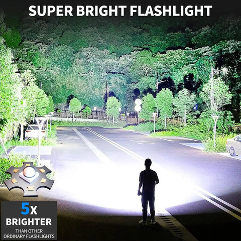 Person using Rechargeable LED Flashlights 99,000 Lumen Super Bright Handheld Lights illuminating a street at night.