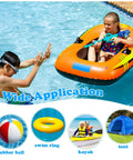 Child using Blue Rectangle Patch Vinyl Liner Repair Kit For Above Ground Pools 49 By 34 Inch with inflatable in pool, wide application shown.