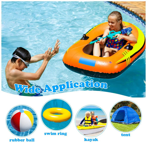 Child using Blue Rectangle Patch Vinyl Liner Repair Kit For Above Ground Pools 49 By 34 Inch with inflatable in pool, wide application shown.