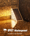 Triangular solar stair light in rain, demonstrating Waterproof IP67 feature of Solar Stair Lights 6 Pack Outdoor LED Step Lights
