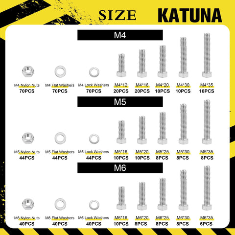 KATUNA 304 stainless steel 616-piece metric bolt and nut set, includes M4–M6 hex bolts, nuts, and flat/lock washers