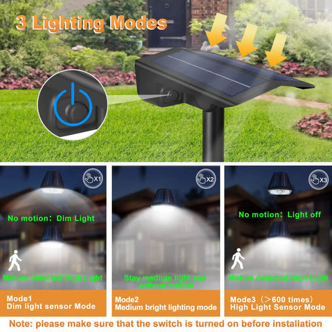 Lit Outdoor Solar Motion Sensor Lights With Bright LED Illumination showing three lighting modes for outdoor use