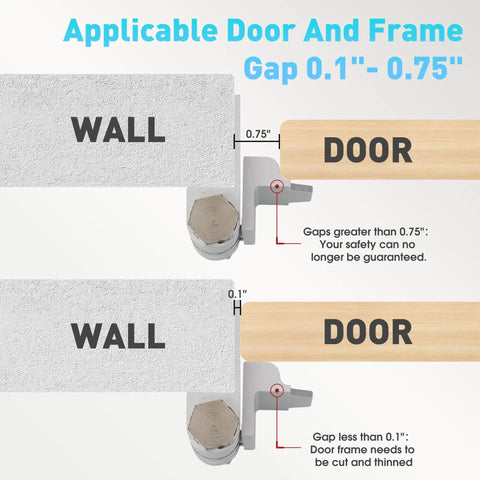 Beefed Up Home Door Reinforcement Lock With Aluminum Guard For Maximum Security, Anti Burglary Shield To Stop Kick In Attacks, Heavy Duty Reinforcer, Quick Install, Silver Oxide Finish installation guide showing acceptable door gap measurements between 0.1" - 0.75".
