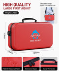 Front view of red KAUGIC first aid kit with TPU handle; waterproof PU/EVA fabric; 12.6 x 7.3 x 3.7 in.
