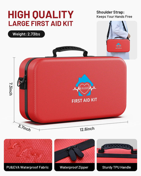Front view of red KAUGIC first aid kit with TPU handle; waterproof PU/EVA fabric; 12.6 x 7.3 x 3.7 in.