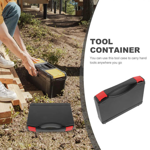 Portable Plastic Toolbox With Grip Handle, Heavy Duty Hard Shell Organizer For Mechanics, tough tool case on outdoor ground.