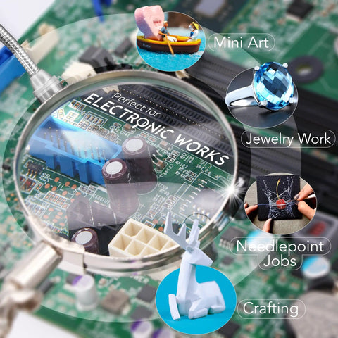 Helping Hand Magnifier Glass Stand with 3X magnification showing electronic circuit board details and use for various crafts.