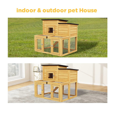 All Weather Critter Friendly Wooden Poultry Run And Rabbit Hutch With Removable Ramp Two Tier Chicken Coop and Playpen in garden