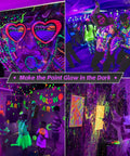 Scenes of a glow party with neon body paint and decorations under a 500W UV Blacklight Flood Light With Plug, 320-420nm Ultraviolet.