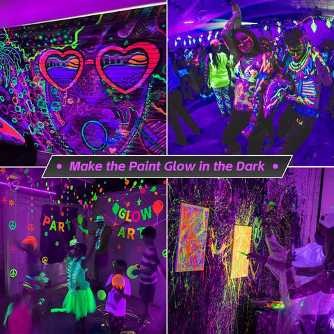Scenes of a glow party with neon body paint and decorations under a 500W UV Blacklight Flood Light With Plug, 320-420nm Ultraviolet.