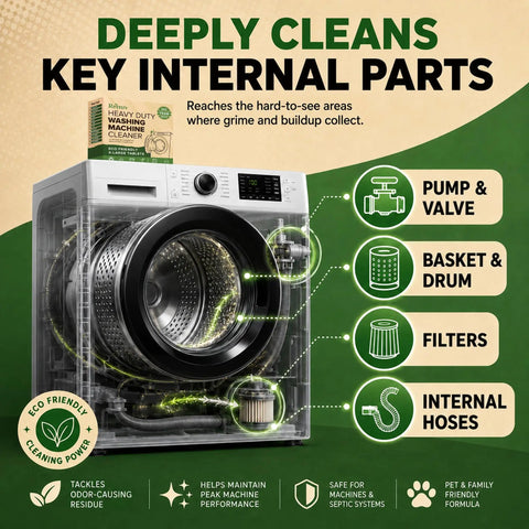 Heavy Duty Washing Machine Cleaner And Descaler With Ultra Thick Time Release Formula Fast Dissolving Effervescent Action For Front Load Or Top Loader No Sweat Deep Clean Pro Grade Extra Large Mega Tabs visualizing internal parts like pump and filters.