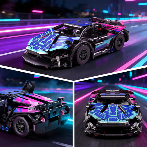 Dope Cyber Style Race Car Building Kit 1 18 Scale Model Car Set For Adults With Neon Inspired Colors And Open Mechanical Design, front view