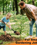 Child and adult using Durable Square Shovel With Metal Handle For Digging In Yard Or Camp 43.3 Inch Length Orange Garden Tool