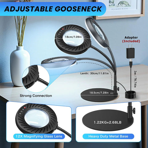 12X Magnifying Glass With Light And Stand featuring adjustable gooseneck, LED lights, and sturdy metal base on desk
