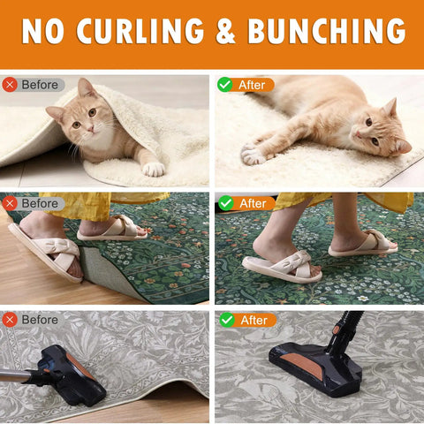 Non Slip Rug Tape For Area Rugs On Hardwood Floors And Tile, Reusable Carpet Tape With Triangle Anti Slip Design Before-After Results