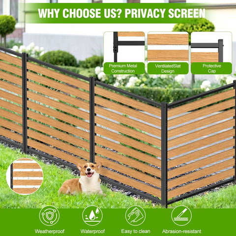 No Dig Outdoor Privacy Screen For AC Unit And Yard Gear, single panel metal fence, weatherproof, shown with a playful dog