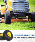 15x6.00-6 Lawn Mower Tires and Wheels 2 Pack Tubeless 4 Ply 3 Inch Offset Hub replacement on yellow lawn mower
