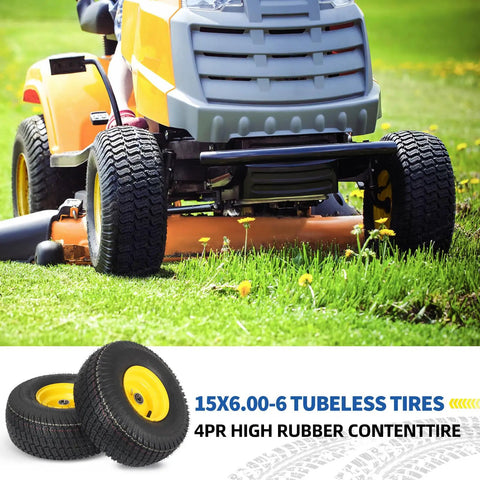 15x6.00-6 Lawn Mower Tires and Wheels 2 Pack Tubeless 4 Ply 3 Inch Offset Hub replacement on yellow lawn mower