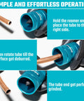 DURATECH tubing and pipe reamer; blue aluminum deburring tool shown in front, side and close-up views with copper tube.