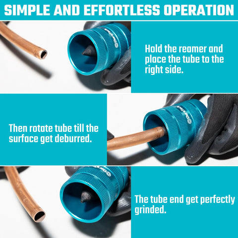 DURATECH tubing and pipe reamer; blue aluminum deburring tool shown in front, side and close-up views with copper tube.