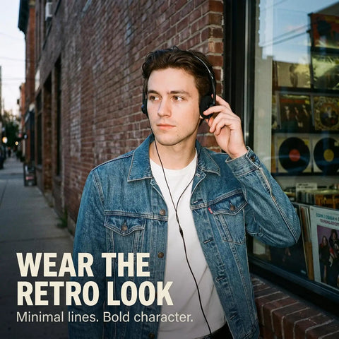 Man wearing Retro On Ear Wired Headphones Two Pack Featuring Lightweight Portable Comfort And Smooth Adjustable Headband.